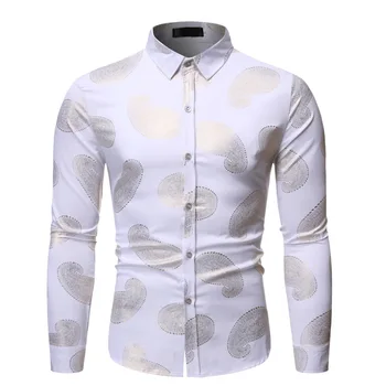 

Men's Hipster White Paisley Foil Print Social Shirts 2019 Brand Slim Fit Long Sleeve Dress Shirt Men Wedding Groom Tuxedo Shirt