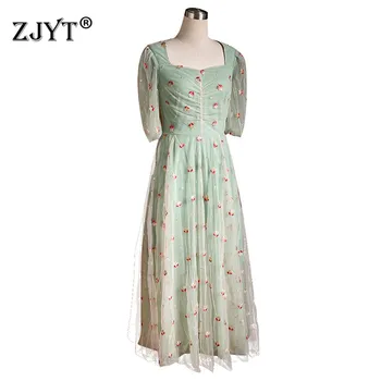 

Lady Summer Elegant Dress Runway Designers 2020 New Women Clothing Fashion Square Collar Embroidery Midi Party Mesh Dresses