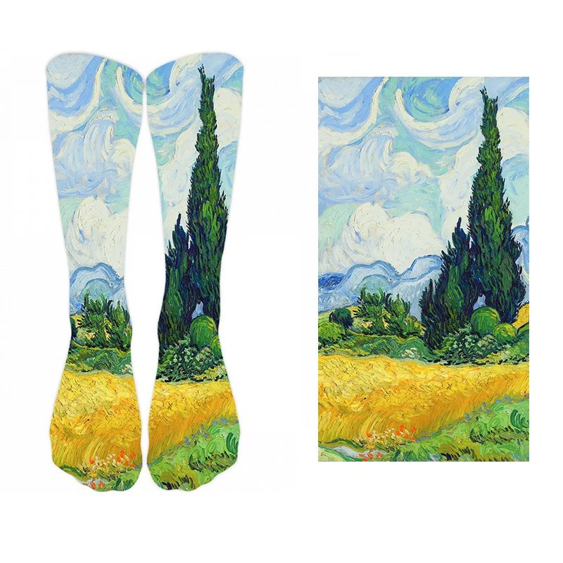 New Style Oil Painting Eiffel Tower Art Socks Men Women Pure Cotton Harajuku Retro Pastoral Scenery Happy Long Tube Funny Socks