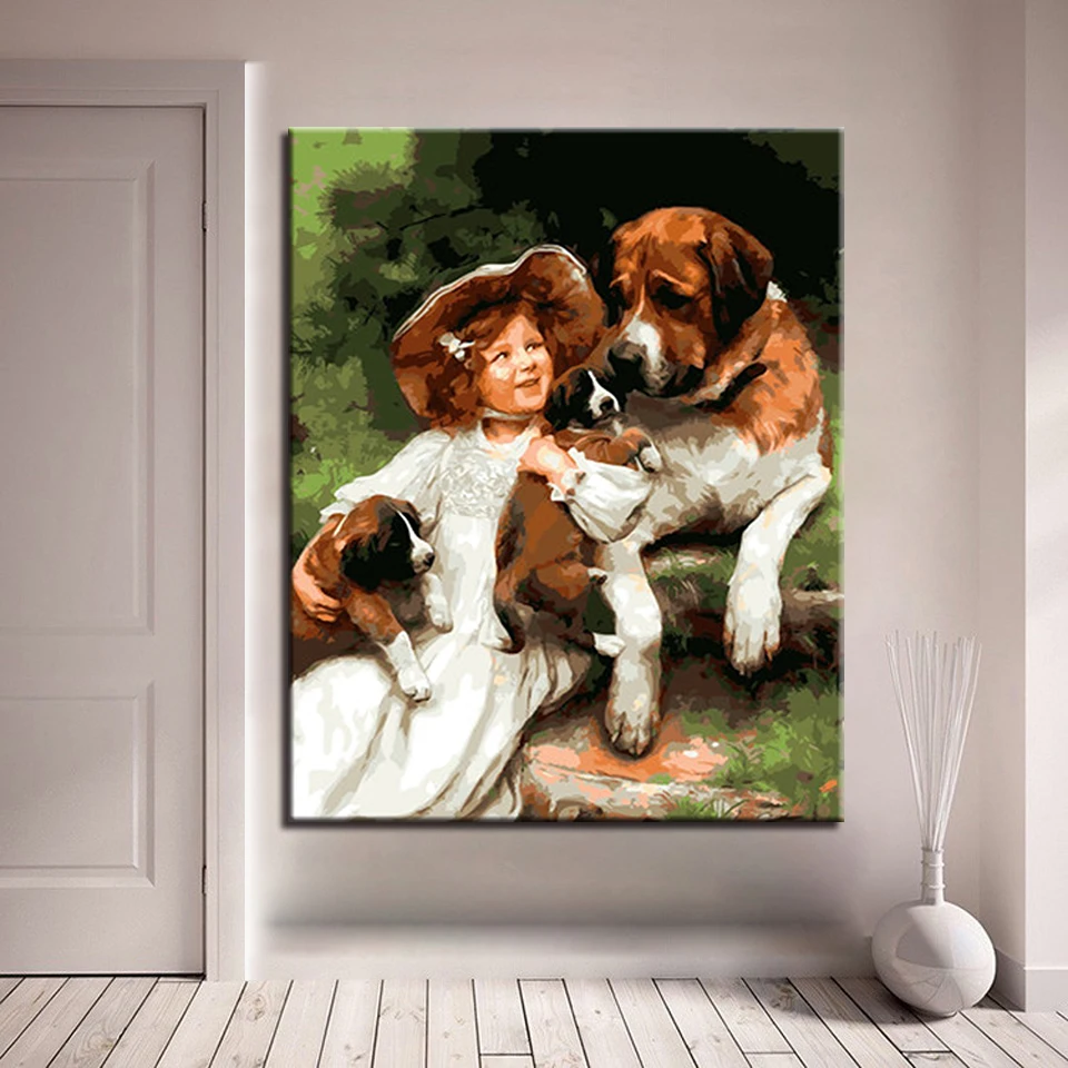 BEST  Hand Paint DIY Little Girl And Dogs Oil Painting By Numbers Kits Coloring Canvas Pictures For Child