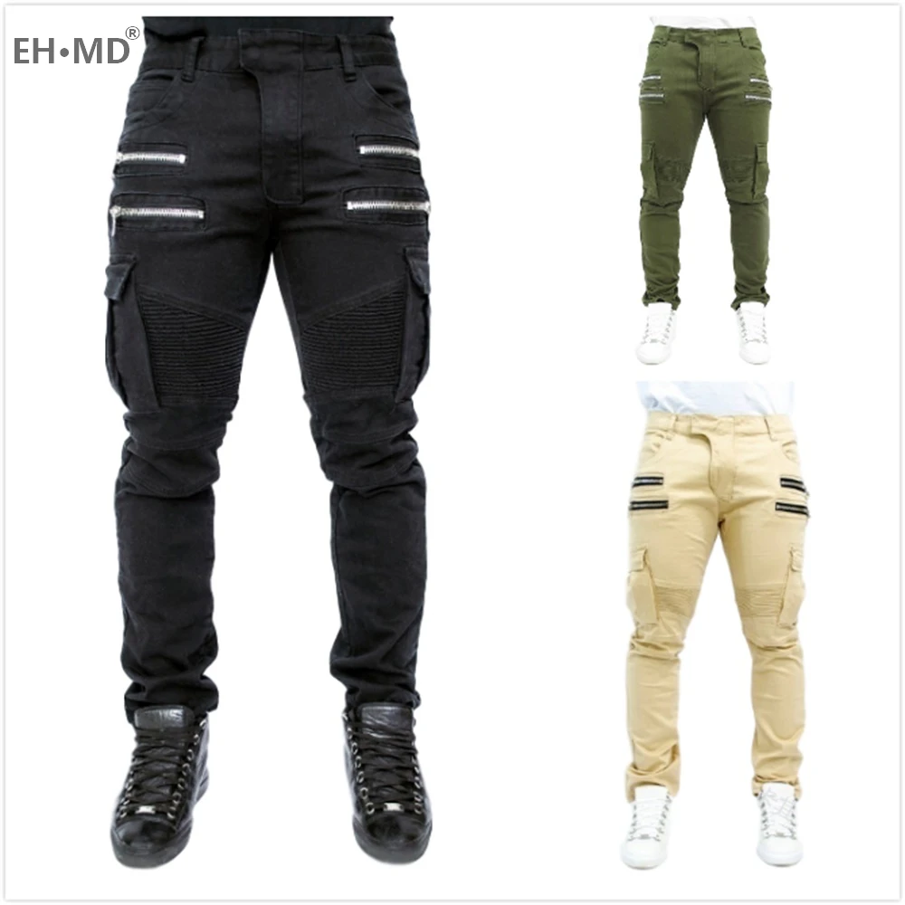 EH · MD® Men's Stretch Denim Trousers Fashion Trend Pleated Zipper Decoration Multi Pocket 2020 Black Khaki Slim Casual Jeans