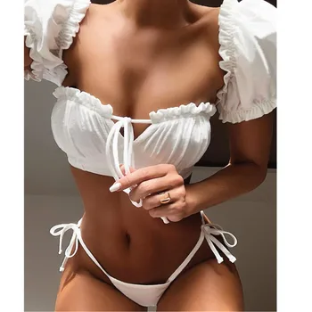 

Swimwear Off the shoulder short sleeve ruffled bandeau push up Brazilian thong bikinis 2020 mujer summer style floral swimsuit