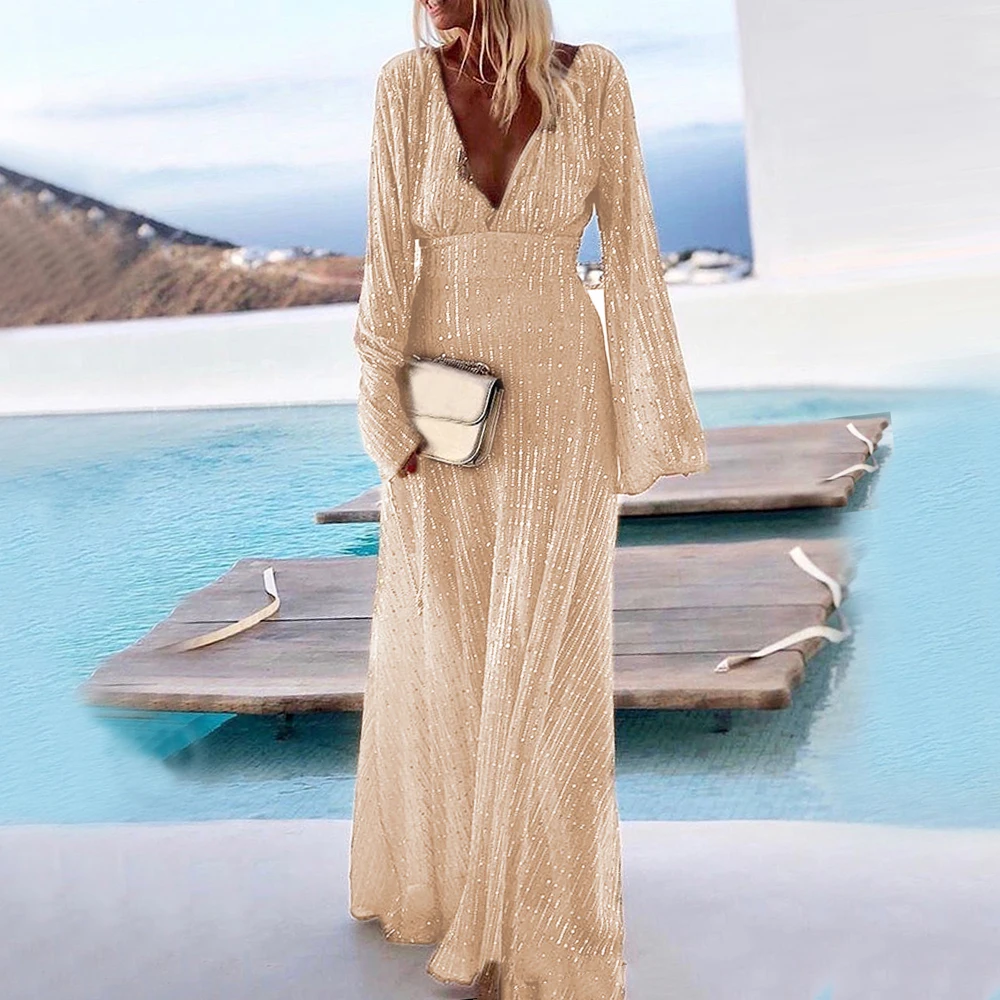 

OEAK Silver Sequined Maxi Dress Solid V Neck Evening Party Wrap Dress 2019 New Arrival Stretchy Full Sleeved Long Dresses