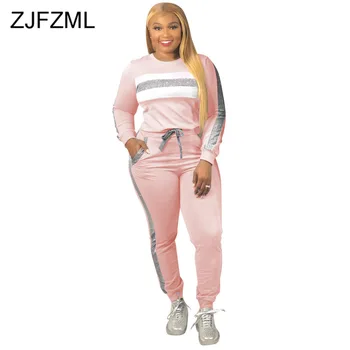 

Reflective Panelled Sportswear Plus Size 2 Piece Sweatsuit for Women O Neck Long Sleeve T Shirt + Long Pants Winter Fall Outifts