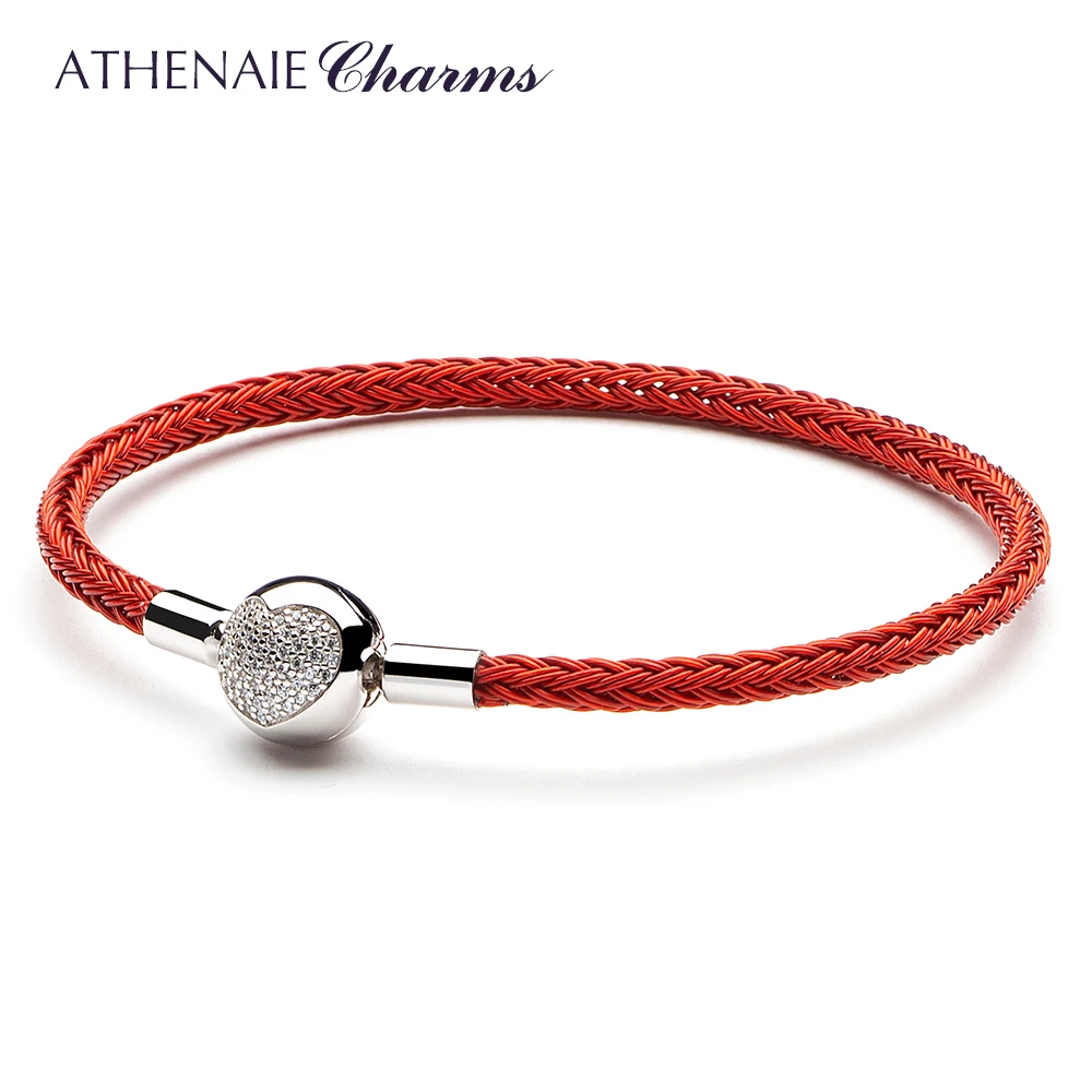 ATHENAIE Colorful Wire Charm Bracelet with 925 Sterling Silver CZ Love Heart Clasp for Women Fit Charms Beads DIY Gift Red bangle bracelet