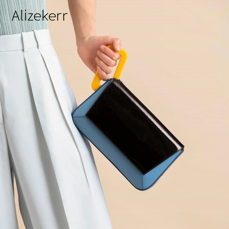 

New Designer Patchwork Shoulder Bag Women Resin Acrylic Rectangle Buckle Irregular Geometry Underarm Clutch Bag Panelled Female