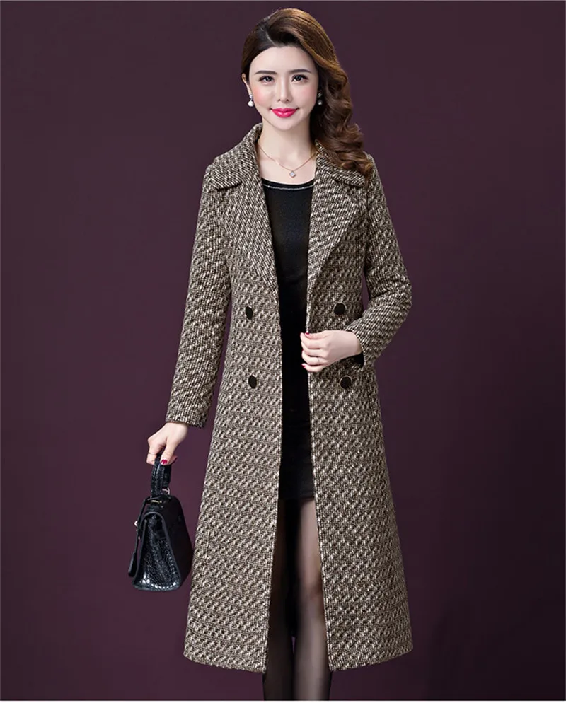 Женское зимнее шерстяное пальто размера плюс, элегантное модное клетчатое повседневное корейское длинное пальто 5XL