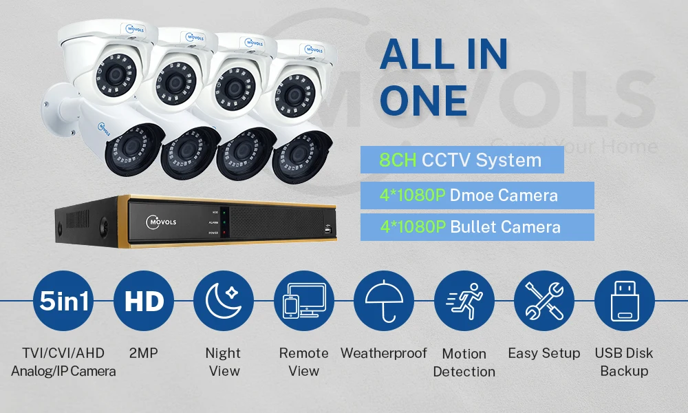 Movols 1080P 8CH DVR CCTV Kit 4 шт Bullet 4 шт купольная камера безопасности Система домашняя уличная водонепроницаемая система видеонаблюдения
