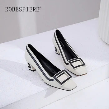 

ROBESPIERE Pop Party Dress Women Pumps Fashion Striped Mixed Color Shallow Genuine Leather Shoes Square Toe Med Heels Pumps A17