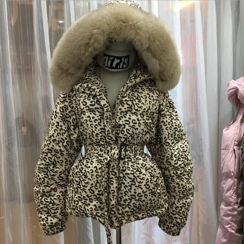 

Leopard Big real fox fur collar hooded down coats female Original oversize irregular duck down coats thicker warm coat F66
