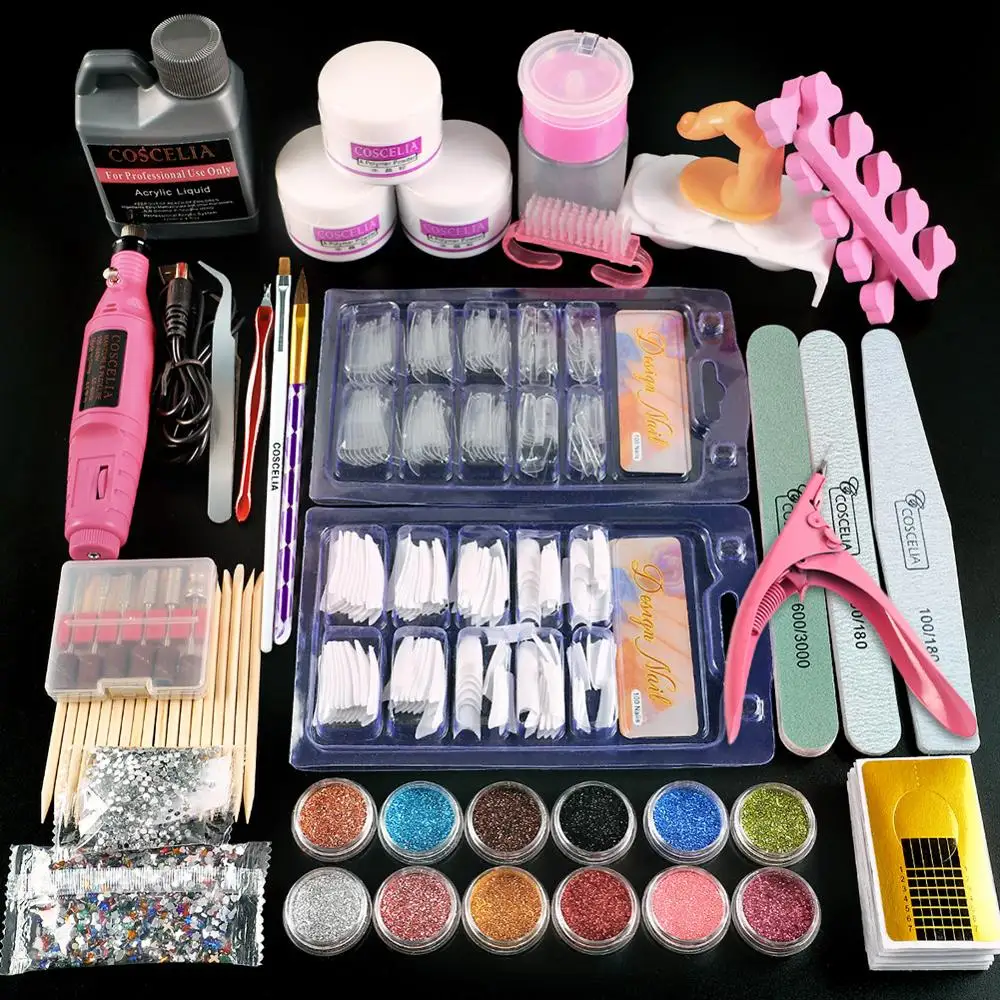 Coscelia eua armazém acrílico em pó conjunto dicas do prego tudo para ferramentas de manicure escova prego kit profissional conjunto para unhas|Conjuntos e kits| -