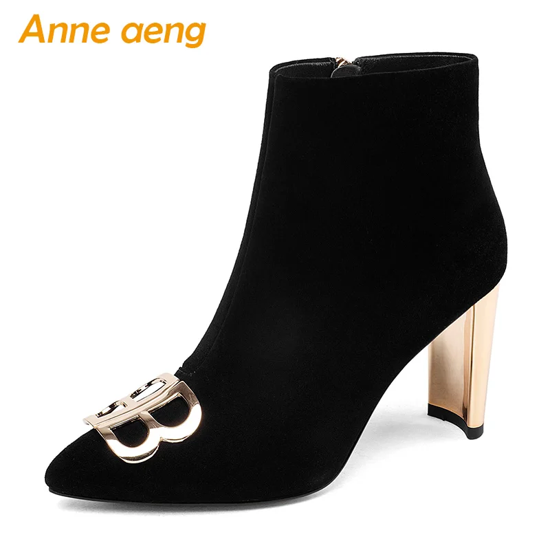 

2019 New Winter Genuine Leather Women Ankle Boots High Heel Pointed Toe Zip Sexy Ladies Women Kid Suede Shoes Black Short Boots