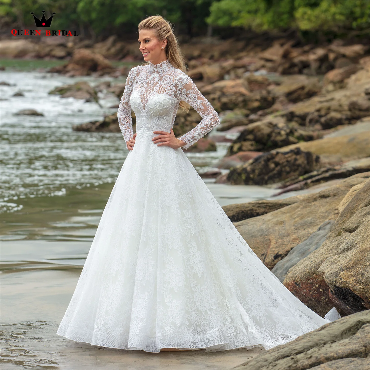 

Luxury Ball Gown High Neck Long Sleeve Wedding Dresses Lace Tulle Beading Crystal 2023 New Design Bride Dresses Custom Size BZ06