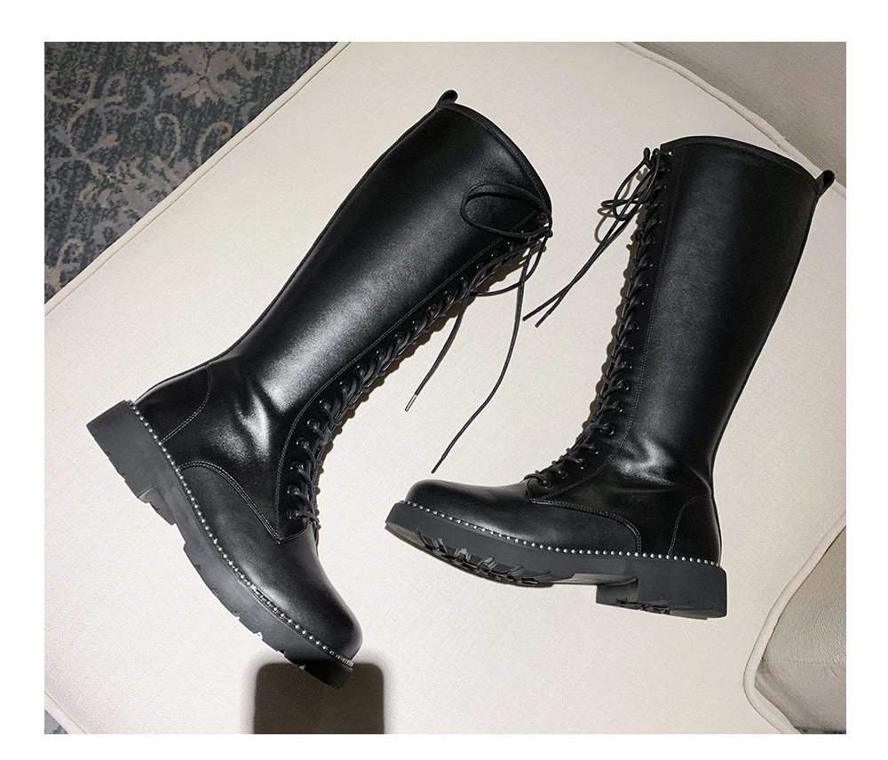 BESCONE/зимние сапоги до середины икры женская обувь из натуральной кожи на квадратном каблуке на шнуровке новые женские сапоги ручной работы с круглым носком на низком каблуке BM52
