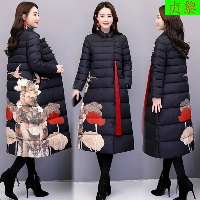

2018 New Style Winter Women's Mid-length over-the-Knee Cotton-padded Clothes Retro China National Wind Cotton Coat Loose-Fit Sli