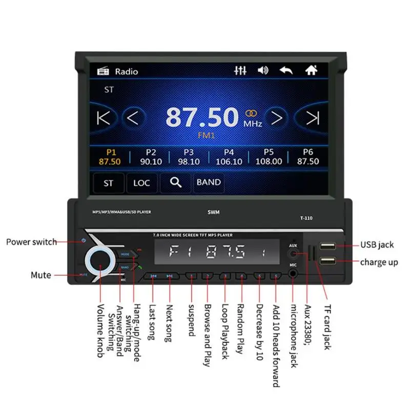 SWM мотор T-110 Bluetooth автомобильный стерео 7 дюймов выдвижной Экран радиоприемник