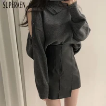 SuperAen/женские комплекты в Корейском стиле Новинка осени, свитер с длинными рукавами и открытыми плечами модная юбка с высокой талией женский комплект из двух предметов