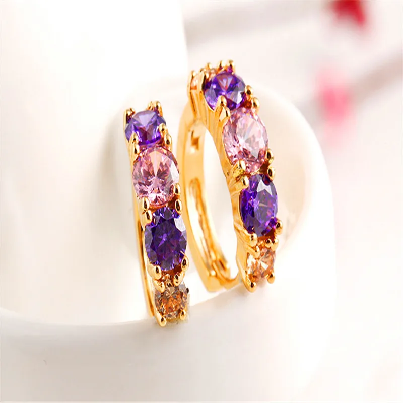 Милые женские фиолетовые серьги с розовыми кристаллами роскошные серьги для невесты для женщин очаровательное Золотое кольцо серьги-кольца