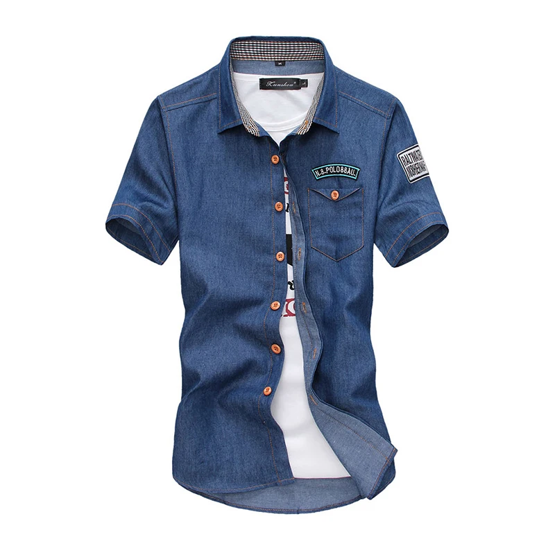 Navy blue Повседневная рубашка, хлопок, мужские рубашки, 1 шт., корейский стиль, короткий рукав, s, джинсовая рубашка, Мужская джинсовая с коротким рукавом, хлопок, топ, Повседневная рубашка s - Цвет: Navy blue