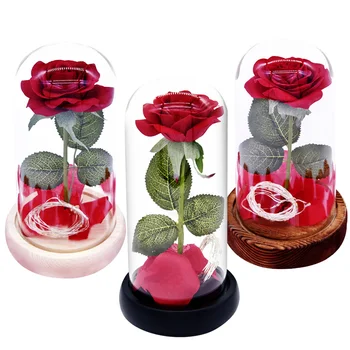 

Artificial Rose Night Light Christmas Valentine's Gifts Romantic Eternal Rose Flower Lights Wiht LED Glass Cover Wooden Base