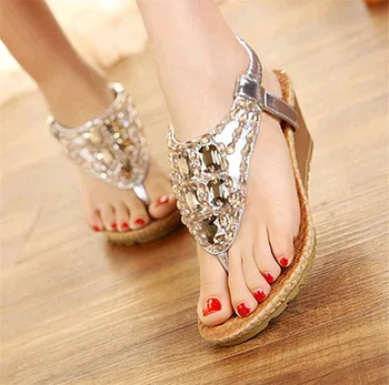 

2020 Summer New Sandals Gold Silver Water Diamond Beads Elastic Slope Heel Wedge Middle Bling Elegant Shoes Plus Size