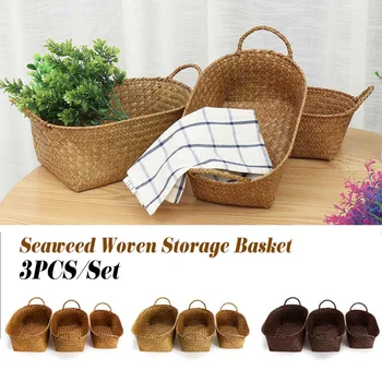 

3Pcs Woven Storage Basket Desktop Storage Box Snack Toy Straw Storage Box Holder Seagrass Wickerwork Basket Home Decor