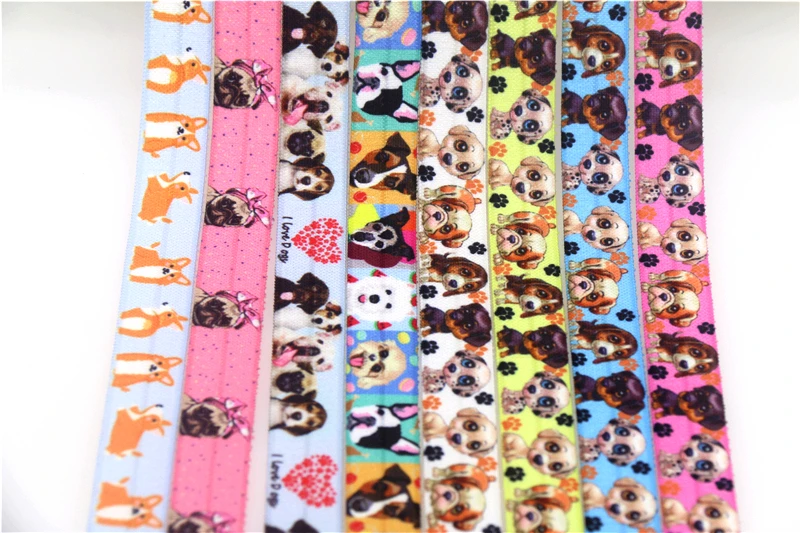 DHK 5/8'' 5yards dog printed Fold Elastic FOE stretch ribbon hairbow headwear headband DIY C1855