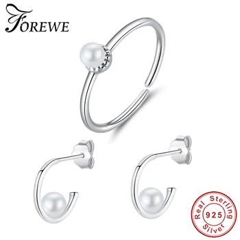 

FOREWE 925 Sterling Silver Women Simple Finger Ring and Stud Earrings Pearl Jewelry Set for Women Wedding Christmas Gift