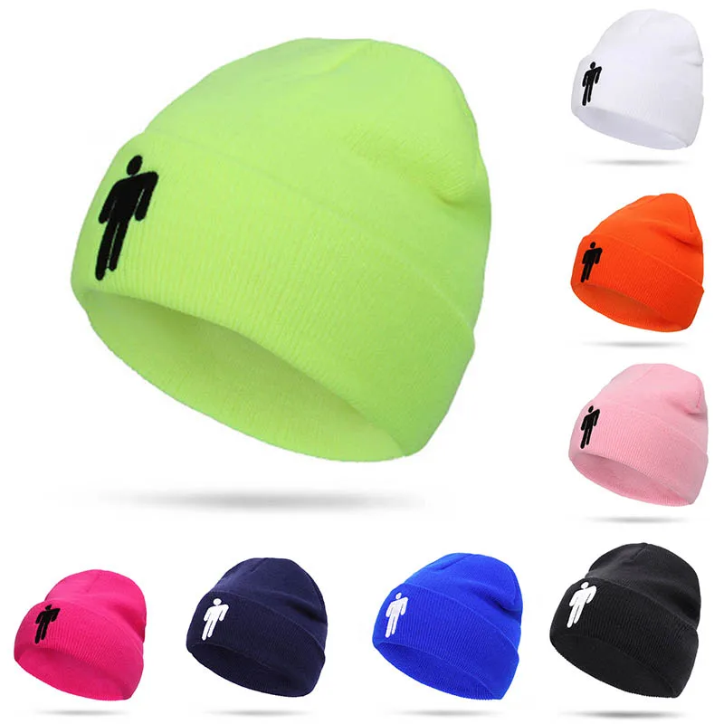 

Hot Warm Winter Embroidery Billie Eilish Cuffed Plain Beanie Hat Unisex Solid Hip-hop Skullies Knitted Hat Drop Shipping