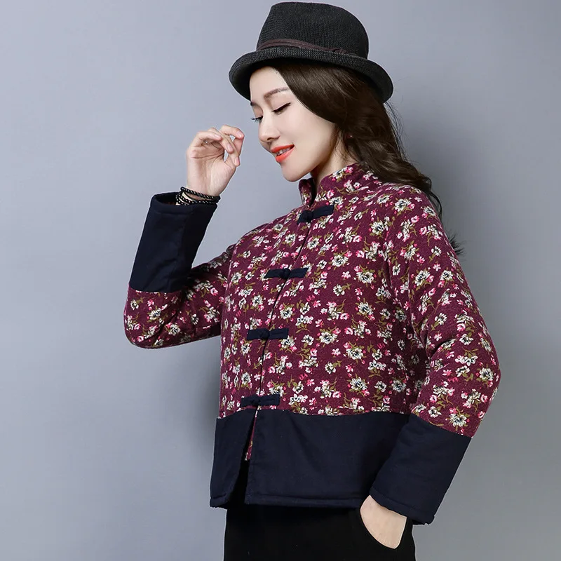 

2018 Winter Large Size Dress Plum Mom Ethnic-Style Printed Joint Small Cotton-padded Clothes