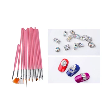 

15 in 1 Nail Cosmetic Brush Set Rose with 5.6cm Nail Art Sticker Tip Decal 3D Glitter Manicure Studs Nail Tips DIY (F)