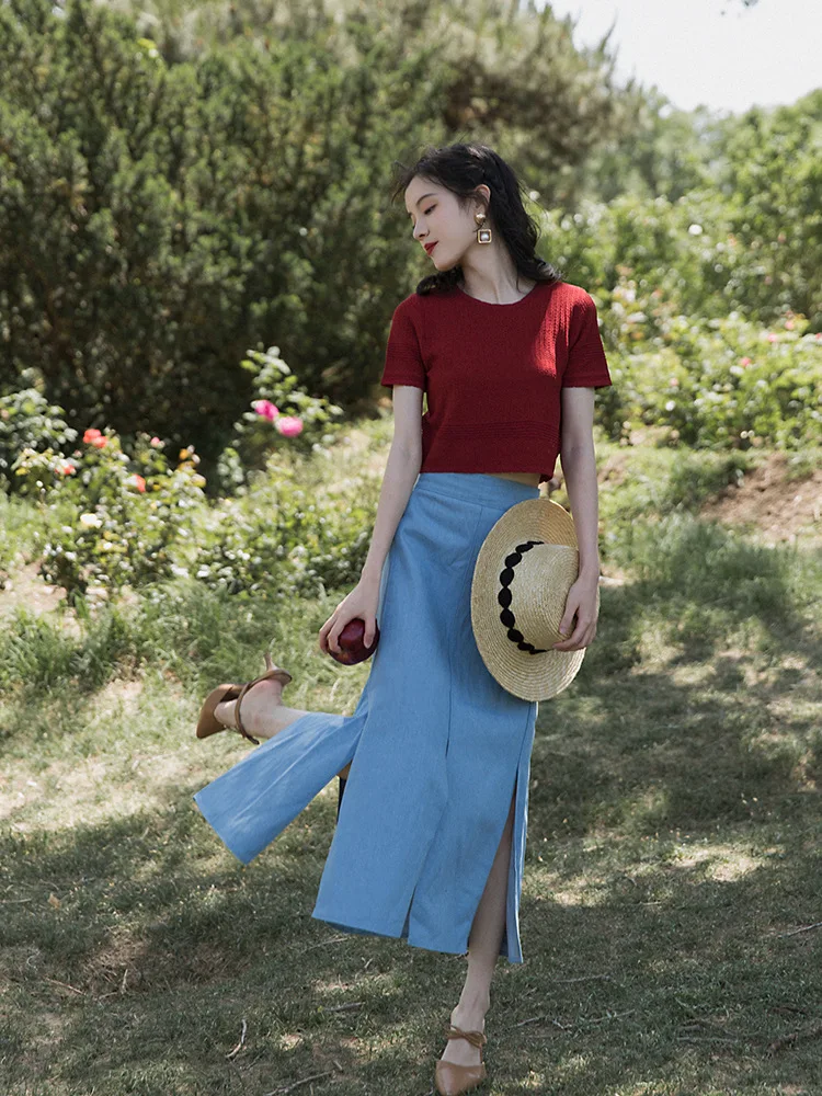 

Retro Girly Style Playful Knitted Jacket + Sense of Design Denim Skirt Set