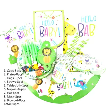 

64pcs/lot Jungle Animal Birthday Party Decoration Kids Disposable Tableware Cake Toppers Baby Shower Cat Lion Foil Safari Party