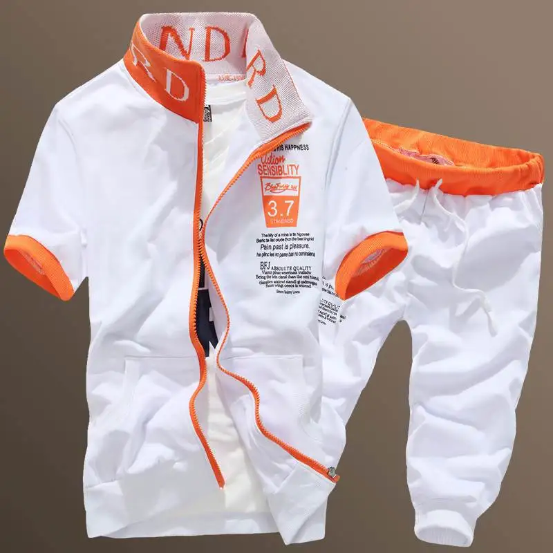 

2018 Summer Korean-style Sports Running Short Sleeve Couples Set MEN'S Cardigan Stand Collar Thin Hoodie Capris Fashion