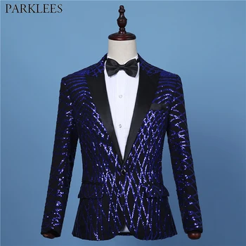 

Royal Blue Sequin One Button Blazer Jacket Men Shiny Glitter Party Dress Blazers Mens Nightclub Prom Stage Clothes for Singers