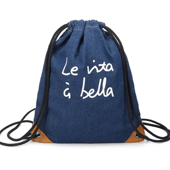 

Fashion Denim Letters Drawstring Backpack School Gym Drawstring Bag Storage Pack Rucksack Pouch High-Capacity Outdoor Travel Bag