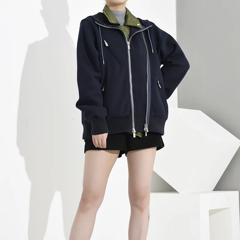 price reduction  [EAM] Loose Fit Blue Contrast Color Split Joint Jacket New Lapel Long Sleeve Women Coat Fashion Tid