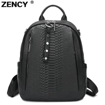 

ZENCY 100% Italian Genuine Leather Calfskin Silver Accessories Women's Backpack Lady First Layer Cowhide Female School Book Bags