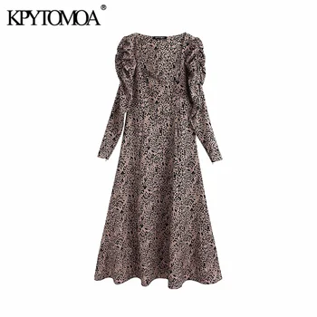 

Vintage Stylish Leopard Print Midi Dress Women 2020 Fashion Square Collar Long Puff Sleeve With Zipper Female Dresses Vestidos