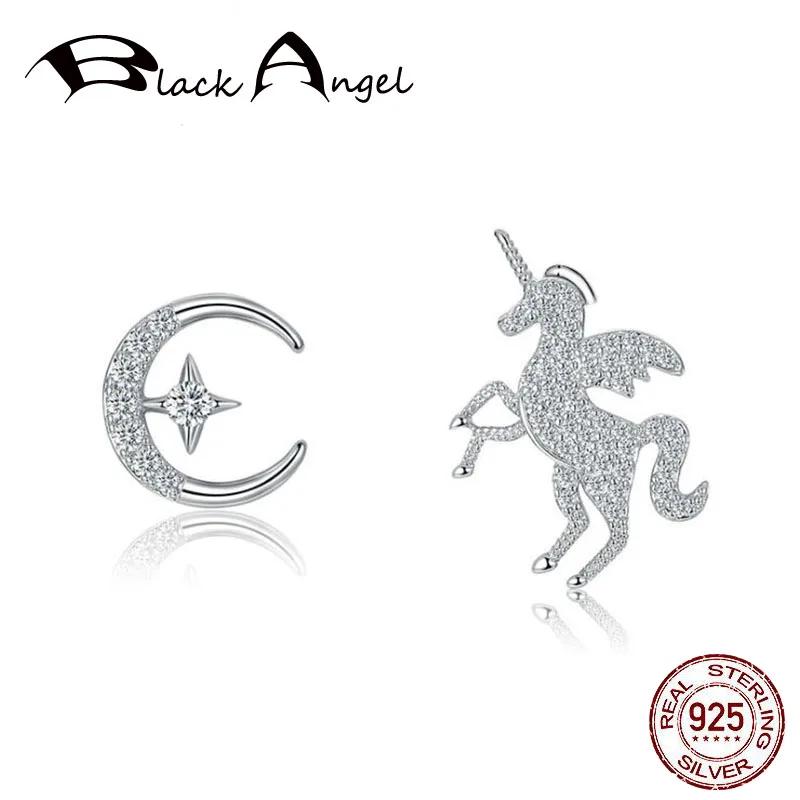 

Authentic 925 Sterling Silver Clear CZ Moon & Star Stud Earrings for Women Asymmetry Unicorn Ear Studs Jewelry