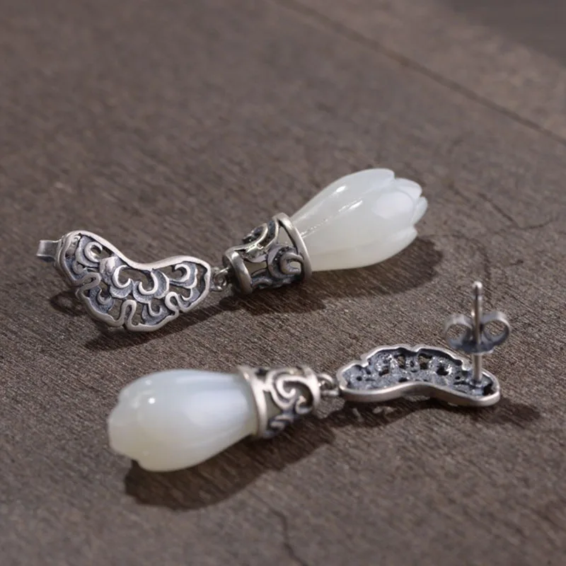 FNJ Flower Jade Earrings 925 Silver Original Pure S925 Sterling Silver Drop Earring for Women Jewelry