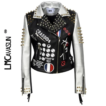 

LMCAVASUN Luxury Women Leather Coat Long Sleeve Doodle Print Rivet PU Jacket Female Slim Fashion Motorcycle Punk Leather Jacket