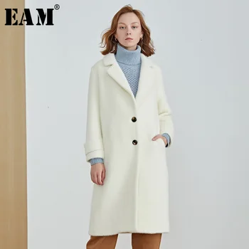 

[EAM] Loose Fit White Single Breasted Temperament Woolen Coat Parkas New Long Sleeve Women Fashion Tide Spring Autumn 2020 1K188