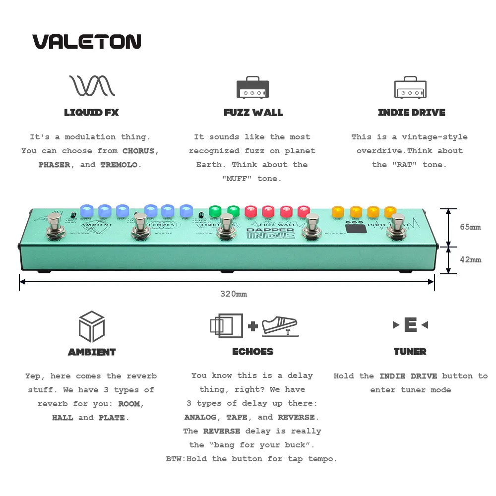 Valeton электрогитара Мульти педаль эффектов Dapper Инди искажений реверберации задержки хора Fuzz и фазер тремоло Для Инди