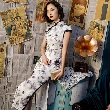 

Summer Vintage Print Chinese Traditional Women Silk Satin Print Flower Qipao Plus Size Mandarin Collar Cheongsam Novelty Dress