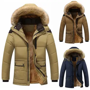 

Stylish Men Solid Collar Fleece Lined Detachable Hood Plus Size Warm Parka Coat