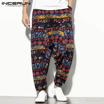 

Vintage Printed Men Harem Pants Elastic Waist Streetwear Baggy Joggers Drop-crotch Trousers Men Pantalones Hombre INCERUN S-3XL