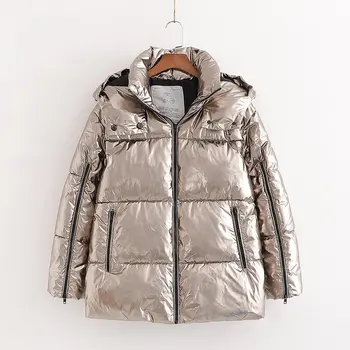 

women hooded khaki parkas 2019 fashion ladies metal color jackets new glossy zipper pockets loose outerwear