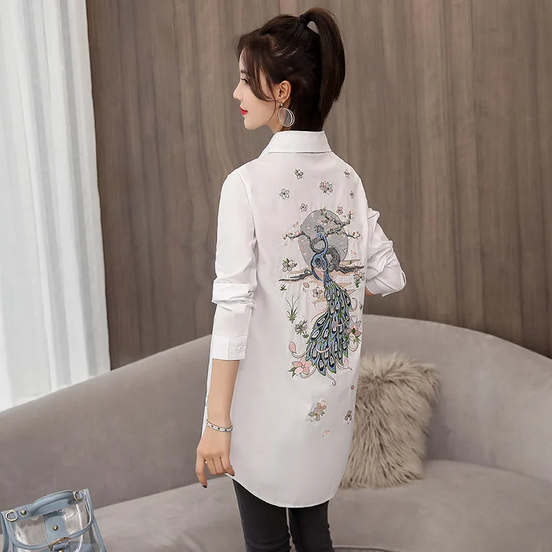 white - long sleeve Женская длинная хлопковая белая блузка с вышитыми цветами павлина, летняя женская рубашка с коротким рукавом, топ с отложным воротником T96409F - Цвет: white - long sleeve