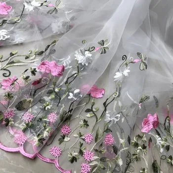 

Multi-colors Flower Lace Embroidery Dragonfly Organza Fabric For DIY Sewing Dress Summer Dance Dress Curtain fabric by 1 yard